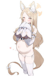  1girl absurdres animal_ear_fluff animal_ears big_belly blonde_hair blue_archive blush bow closed_mouth cropped_legs detached_sleeves female_focus halo highres loli long_hair looking_at_viewer navel panties pregnant seia_(blue_archive) sh_(shinh) side-tie_panties simple_background sleeves_past_fingers sleeves_past_wrists solo standing sweat tail tail_bow tail_ornament thighhighs trembling underwear white_background white_bow white_panties white_sleeves white_thighhighs yellow_eyes yellow_halo  rating:Questionable score:156 user:danbooru
