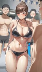  1girl 3boys abs anteiru arm_at_side averting_eyes bikini black_bikini blush breasts brown_eyes brown_hair cleavage clenched_hand closed_mouth collarbone faceless faceless_male hand_up high_ponytail highres large_breasts male_swimwear multiple_boys navel open_mouth original shy sidelocks solo_focus stomach swim_briefs swim_cap swimsuit taking_picture 