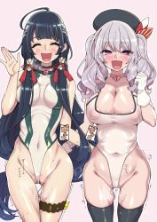 10s 2girls :d ^_^ areola_slip black_hair black_legwear blush breasts cleavage closed_eyes collar covered_erect_nipples covered_navel female_pubic_hair gloves groin hanauna heart heart-shaped_pupils heart_lock_(kantai_collection) highleg highleg_leotard highleg_swimsuit highres kantai_collection kashima_(kancolle) large_breasts leotard long_hair looking_at_viewer medium_breasts mizuho_(kancolle) multiple_girls navel one-piece_swimsuit open_mouth pubic_hair pubic_hair_peek purple_eyes pussy_juice remote_control_vibrator sex_toy silver_hair smile steam sweat swimsuit symbol-shaped_pupils text_focus thighhighs twintails vaginal very_long_hair vibrator vibrator_in_thigh_strap white_gloves rating:Explicit score:82 user:danbooru