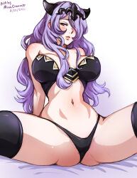  1girl absurdres arm_support arms_behind_back artist_name bare_shoulders bed_sheet black_bra black_panties bra breasts camilla_(fire_emblem) cleavage collarbone dated fire_emblem fire_emblem_fates highres large_breasts long_hair looking_at_viewer mina_cream navel nintendo panties purple_hair red_eyes simple_background solo spread_legs stomach thighhighs tiara underwear white_background 