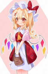  1girl adapted_costume ascot bag blonde_hair blush bow calpis118 closed_mouth commentary cowboy_shot crazy_eyes crystal curly_hair diamond-shaped_pupils diamond_(shape) double-parted_bangs flandre_scarlet hair_between_eyes hair_ornament hairclip handbag hat hat_bow highres holding holding_bag long_hair long_skirt looking_at_viewer mob_cap pink_background pink_sleeves red_bow red_eyes red_vest short_sleeves side_ponytail simple_background skirt smile solo split_mouth symbol-shaped_pupils touhou v_arms vest white_hat white_skirt wide-eyed wings yellow_ascot 