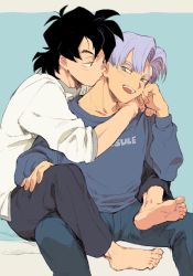  2boys barefoot black_eyes black_hair commentary_request dragon_ball dragon_ball_heroes dragon_ball_super english_text feet_out_of_frame gutstemple hand_on_own_hip highres hug long_sleeves looking_at_another male_focus multiple_boys necking open_mouth pants purple_eyes purple_hair short_hair simple_background son_goten spiked_hair sweater teeth trunks_(dragon_ball) yaoi 
