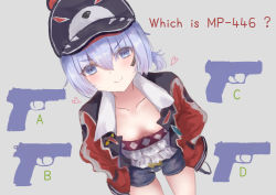  1girl ? absurdres animal_ears animal_hat animal_print bear_ears bear_print blue_eyes blue_hair blue_shorts blush breasts closed_mouth collarbone dutch_angle fake_animal_ears fnp-9 girls&#039;_frontline grey_background gun h&amp;k_usp hair_between_eyes handgun hat heart highres jacket martinreaction mp-446_(boisterous_rogue)_(girls&#039;_frontline) mp-446_(boisterous_rouge)_(girls&#039;_frontline) mp-446_(girls&#039;_frontline) mp-446_viking official_alternate_costume open_clothes open_jacket short_hair short_shorts shorts silhouette simple_background skindentation small_breasts solo standing thighs v-shaped_eyebrows walther walther_p99 weapon 