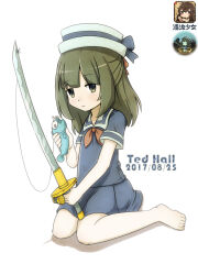  1girl a_girl_adrift animal barefoot blue_bow blue_shirt blue_skirt bow brown_eyes brown_hair closed_mouth fish fishing_rod grey_hat hat hat_bow highres holding holding_animal holding_fish holding_fishing_rod long_hair looking_at_viewer neckerchief player_(a_girl_adrift) red_neckerchief sailor_collar screenshot_inset shirt simple_background skirt solo ted_hall white_background 