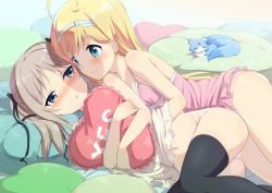 2girls :o ahoge animal aqua_eyes bare_arms bare_legs bare_shoulders bed black_legwear black_ribbon blonde_hair blush c: closed_eyes closed_mouth couple dress earrings eye_contact female_focus forehead_jewel fox gotyou grey_eyes grey_hair hair_ribbon hairband half-closed_eyes hand_under_clothes hina_logi_-_from_luck_&amp;_logic jewelry legs liones_yelistratova looking_at_another looking_back luck_&amp;_logic lying multiple_girls navel neck nina_alexandrovna hugging_object on_bed on_side open_mouth panties pillow pillow_hug pink_dress ribbon shade short_dress smile swept_bangs thighhighs twintails underwear white_dress white_hairband white_panties yes yes-no_pillow yuri rating:Sensitive score:51 user:danbooru