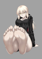 1girl arm_support artoria_pendragon_(all) artoria_pendragon_(fate) barefoot black_shorts blonde_hair blush bnc_(bunshi) breasts camisole closed_mouth collarbone cross cross_necklace fate/grand_order fate_(series) feet foot_focus full_body grey_background highres hood hoodie jacket jewelry long_hair looking_at_viewer medium_breasts necklace official_alternate_costume open_clothes open_hoodie ponytail pov saber_(fate) saber_alter saber_alter_(ver._shinjuku_1999)_(fate) serious short_shorts shorts sidelocks simple_background sitting soles solo thighs toes yellow_eyes rating:Sensitive score:16 user:danbooru