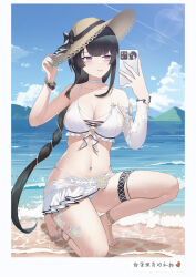  1girl absurdres aether_gazer ankle_strap bare_shoulders beach bikini black_bow black_hair blue_nails blue_sky blunt_bangs boost404 bow bracelet breasts cleavage cloud collarbone commentary_request front-tie_bikini_top front-tie_top hat hat_bow highres holding holding_clothes holding_hat holding_phone jewelry large_breasts leg_tattoo long_hair looking_at_phone low-braided_long_hair low-tied_long_hair miniskirt nail_polish navel no_shoes ocean official_alternate_costume on_one_knee phone purple_eyes sand sidelocks single_sleeve skirt sky smile solo stomach sun_hat swimsuit tattoo thigh_strap toenail_polish toenails waves wet white_bikini white_skirt white_sleeves ying_zhao_(aether_gazer) 