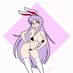  1girl animated animated_gif bikini black_bikini bouncing_breasts breasts female_focus highres large_breasts long_hair looking_at_viewer purple_hair rabbit_ears rabbit_girl red_eyes reisen_udongein_inaba solo standing swimsuit thighhighs thong touhou white_thighhighs zedrin  rating:Questionable score:10 user:GoldKing