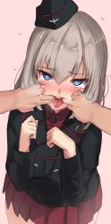10s 1girl absurdres akasaai blue_eyes finger_in_another&#039;s_mouth girls_und_panzer grey_hair hat heart heart-shaped_pupils highres itsumi_erika looking_at_viewer open_mouth oral_invitation pleated_skirt pov saliva school_uniform skirt solo_focus symbol-shaped_pupils tears teeth tongue tongue_out rating:Questionable score:74 user:danbooru