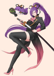 1girl absurdres alternate_costume aroevela black_thighhighs bow bowtie closed_mouth commentary english_commentary full_body high_heels highres holding holding_sword holding_weapon long_hair looking_at_viewer meira_(touhou) pink_bow pink_bowtie pink_footwear ponytail purple_eyes purple_hair simple_background sukusuku_hakutaku sword thighhighs touhou touhou_(pc-98) variant_set very_long_hair weapon 