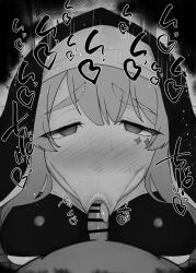  1boy 1girl :&gt;= bar_censor black_dress blush breasts censored coif dress erection facial_mark fellatio greyscale habit hetero kurotama large_breasts long_hair looking_at_viewer mahou_shoujo_ni_akogarete monochrome nose_blush nun open_mouth oral penis pointless_censoring pov pov_crotch purple_hair saliva sister_gigant small_penis solo solo_focus sound_effects star_(symbol) star_facial_mark star_tattoo sweat tattoo tile_floor tiles toilet toilet_stall very_long_hair 