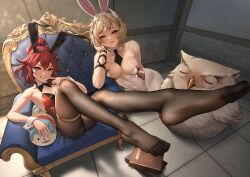  2girls absurdres amiba_(nerdamiba) animal animal_ears anna_(fire_emblem) armchair bare_shoulders bird black_bow black_bowtie black_leotard black_necktie black_pantyhose blonde_hair book book_stack bow bowtie breasts chair character_pillow citrinne_(fire_emblem) commentary_request crossed_bangs detached_collar fake_animal_ears feet feh_(fire_emblem_heroes) finger_to_face fire_emblem fire_emblem_engage fire_emblem_heroes grin highres indoors large_breasts legs leotard looking_at_viewer multiple_girls necktie nintendo open_mouth owl pantyhose playboy_bunny ponytail rabbit_ears red_eyes red_leotard short_hair short_necktie small_breasts smile sommie_(fire_emblem) thigh_strap two-tone_leotard white_leotard white_pantyhose wrist_cuffs 