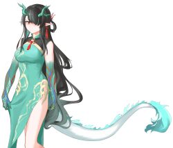  1girl aqua_tail arknights arm_at_side bare_shoulders black_hair china_dress chinese_clothes chinese_commentary closed_mouth colored_extremities commentary_request cowboy_shot dragon_girl dragon_horns dragon_tail dress dusk_(arknights) dusk_(everything_is_a_miracle)_(arknights) earrings expressionless green_dress green_hair green_horns hair_over_one_eye highres horns jewelry long_hair looking_at_viewer multicolored_hair neti_(cpu11151) official_alternate_costume one_eye_covered pointy_ears red_ribbon ribbon side_slit simple_background skirt_hold sleeveless sleeveless_dress solo standing streaked_hair tail very_long_hair white_background white_tail 
