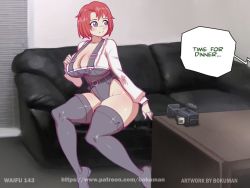 1girl bokuman breasts casting_couch couch cow_girl_(goblin_slayer!) desk duplicate english_text female_focus goblin_slayer! large_breasts short_hair sitting speech_bubble table tagme thick_thighs thighs rating:Questionable score:51 user:Morgan02