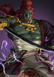  1boy artist_name beard colored_skin cowboy_shot earrings facial_hair ganondorf gerudo gold_earrings gold_necklace green_skin grey_pants hair_ornament highres holding holding_sword holding_weapon jane_mere jewelry long_hair male_focus muscular muscular_male necklace nintendo pants pectorals ponytail purple_background red_hair solo sword the_legend_of_zelda the_legend_of_zelda:_tears_of_the_kingdom thick_eyebrows weapon yellow_eyes 