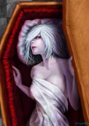  1girl chinese_text coffin dated fang hair_over_one_eye highres lips lying nagumo_(qmzp10) original short_hair silver_hair solo vampire  rating:Questionable score:69 user:danbooru