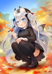  1girl :d animal_ear_fluff animal_ears ass autumn autumn_leaves beret black_dress black_footwear black_hat black_thighhighs blue_bow blue_eyes blue_ribbon blue_sky blush bow breasts brown_footwear day dress fox_ears fox_girl fox_tail full_body grey_hair hair_between_eyes hair_bow hair_ornament hairclip hand_on_own_knee hat highres holding holding_leaf leaf long_hair long_sleeves looking_at_object maple_leaf mary_janes medium_breasts mg_kurino neck_ribbon open_mouth original outdoors ribbon shoes sky smile solo squatting tail thighhighs two_side_up very_long_hair x_hair_ornament 
