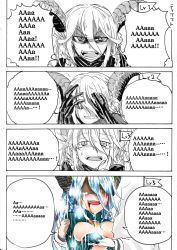  1boy 1girl 4koma absurdres angry araido_kagiri bad_id bad_pixiv_id blood blood_from_mouth blue_hair body_blush breasts comic covering_face crying crying_with_eyes_open english_text fate/grand_order fate_(series) gloves greyscale hair_between_eyes holding_hands hand_on_another&#039;s_shoulder hetero hidden_eyes highres horns long_hair looking_at_viewer medium_breasts monochrome partially_colored shaded_face simple_background speech_bubble talking tears tiamat_(fate) translation_request white_background white_gloves  rating:Questionable score:19 user:danbooru