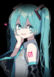  1girl aqua_eyes aqua_hair aqua_nails aqua_necktie bags_under_eyes black_background black_sleeves breasts collared_shirt colored_eyelashes commentary detached_sleeves dot_nose double-parted_bangs from_side grey_shirt hair_between_eyes hair_ornament hand_on_own_face hatsune_miku heart highres long_hair looking_at_viewer loose_hair_strand maud0239 messy_hair nail_polish necktie shaded_face shadow_border shirt sick simple_background sleeveless sleeveless_shirt small_breasts small_pupils smile solo tattoo teeth twintails upper_teeth_only very_long_hair vocaloid wide_sleeves 