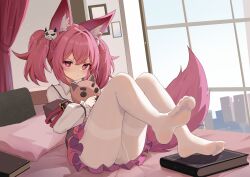 1girl absurdres animal_ears arknights bed blush book feet highres long_hair looking_at_viewer pantyhose pink_eyes pink_hair shamare_(arknights) soles synring97 tail toes twintails white_pantyhose rating:Sensitive score:50 user:ssfl