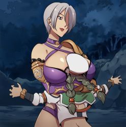 2girls absurdres blue_eyes braid breast_smother breasts cleavage face_to_breasts femdom green_hair hat height_difference highres huge_breasts isabella_valentine large_breasts multiple_girls revealing_clothes soul_calibur talim yuri rating:Sensitive score:91 user:GPO2
