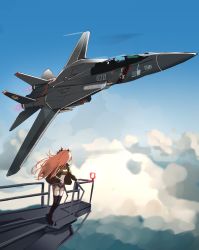  absurdres ace_combat ace_combat_5 ace_combat_7:_skies_unknown aircraft airplane animal_ears black_thighhighs blue_sky brown_hair brown_shirt cloud commentary crop_top day english_commentary f-14 fighter_jet gar32 green_jacket highres horse_ears jacket jet long_hair long_sleeves looking_away looking_to_the_side mayano_top_gun_(umamusume) midriff military military_vehicle open_clothes open_jacket outdoors rotating_light shirt short_shorts shorts sky solo standing star_(symbol) thighhighs umamusume vehicle_focus vehicle_request very_long_hair white_shorts 