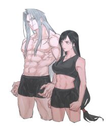 1boy 1girl abs asymmetrical_bangs bare_pectorals biceps black_hair black_male_underwear black_shorts black_sports_bra clenched_hands commentary cropped_legs dangle_earrings earrings final_fantasy final_fantasy_vii frown furrowed_brow green_eyes grey_hair hair_tie highres jewelry long_bangs long_hair looking_at_another looking_to_the_side low-tied_long_hair male_underwear muscle_envy muscular muscular_male nipples parted_bangs pectorals red_eyes sephiroth shorts simple_background skin_tight slit_pupils smirk sports_bra sundayauruu tifa_lockhart topless_male underwear upper_body white_background 