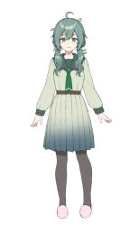  1girl ahoge belt belt_buckle brown_belt brown_pantyhose brown_shirt brown_skirt buckle closed_mouth commentary_request full_body green_eyes green_hair green_sailor_collar hair_between_eyes hair_over_shoulder leaf leaf_on_head long_sleeves looking_at_viewer low_twintails midorikawa_you original pantyhose pink_footwear pleated_skirt puffy_long_sleeves puffy_sleeves sailor_collar shirt simple_background skirt slippers solo standing twintails white_background 