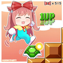 1girl 1up :d ^_^ absurdres agnes_digital_(umamusume) animal_ears block_(mario) blush bow brown_hair closed_eyes commentary_request facing_viewer gameplay_mechanics gloves goom_(goomyparty) green_shell_(mario) hair_bow highres horse_ears horse_girl horse_tail infinite_1up long_hair mario_(series) motion_lines nintendo open_mouth overalls red_bow shirt shoes smile solo super_mario_bros._1 tail twitter_username umamusume very_long_hair white_footwear white_gloves yellow_shirt