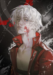  1boy absurdres adrien02sss belt_bra bishounen blood blood_on_face blue_eyes coat dante_(devil_may_cry) devil_may_cry devil_may_cry_(series) devil_may_cry_3 highres jacket long_hair looking_at_viewer male_focus pale_skin red_coat solo white_hair 