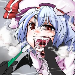 1girl bat_wings blue_hair brushing_teeth face fangs female_focus finger_in_another&#039;s_mouth hat leash mouth_pull open_mouth red_eyes remilia_scarlet saliva saliva_trail sexually_suggestive short_hair solo tears teeth toothbrush touhou uvula vampire wakie wings rating:Sensitive score:53 user:danbooru
