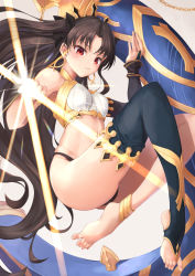  1girl absurdres anklet armlet asymmetrical_legwear asymmetrical_sleeves bare_shoulders barefoot bikini black_bikini black_bow black_thighhighs blush bow breasts bridal_gauntlets brown_hair chair closed_mouth detached_collar detached_sleeves earrings fate/grand_order fate_(series) gold_trim heavenly_boat_maanna highres hoop_earrings ishtar_(fate) jewelry knees_up legs light_rays long_hair looking_at_viewer medium_breasts mismatched_bikini miso_(b7669726) navel neck_ring parted_bangs pointing red_eyes single_detached_sleeve single_thighhigh solo swimsuit thighhighs tiara toeless_legwear toes two_side_up uneven_legwear uneven_sleeves weapon white_bikini  rating:Sensitive score:19 user:danbooru