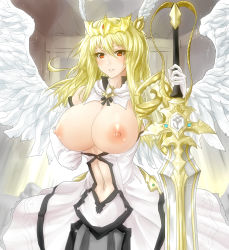  1girl angel_wings blonde_hair blush breasts breasts_out clothes_pull crown dress_pull elbow_gloves gloves gold grin highres huge_breasts huge_weapon juno_charis_(pso2) lipstick long_hair looking_at_viewer makeup minarai_tenna navel nipples original phantasy_star phantasy_star_online_2 red_eyes smile solo sparkle sword weapon wings  rating:Questionable score:37 user:danbooru