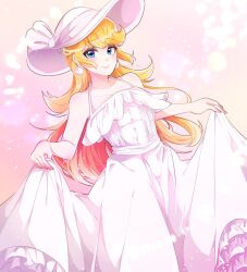  1girl artist_name bare_arms bare_shoulders blonde_hair blue_eyes breasts closed_mouth clothes_lift dress dress_lift frills hair_between_eyes hat hat_ribbon holding indisk_irio light long_hair looking_at_viewer mario_(series) nintendo off_shoulder pink_dress princess_peach ribbon simple_background sleeveless sleeveless_dress small_breasts smile solo standing sun_hat sundress white_dress white_hat 