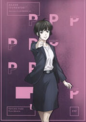  absurdres belt formal highres jacket looking_at_viewer official_art production_ig psycho-pass purple_background shirt skirt solo suit t-shirt tsunemori_akane 