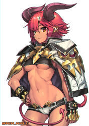 1girl armor breasts cape character_request crop_top cross cross_patty demon_girl demon_horns demon_tail fangs fingernails gloves gluteal_fold gold_armor highres horns long_fingernails looking_at_viewer micro_shorts midriff navel ninnin_(shishitou) no_bra original parted_lips pointy_ears red_eyes red_hair red_tail short_hair shorts sidelocks skindentation small_breasts stomach tagme tail underboob white_cape white_shorts rating:Sensitive score:32 user:danbooru