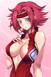 1girl arm_at_side bad_id bad_pixiv_id blue_eyes blush breasts center_opening closed_mouth code_geass collarbone commentary_request eyes_visible_through_hair hand_on_own_chest hand_up headband highres kouzuki_kallen large_breasts looking_at_viewer nasaniliu no_bra open_clothes red_hair red_headband revision short_hair simple_background sleeveless solo sunrise_(company) upper_body rating:Questionable score:51 user:danbooru