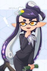  1girl black_skirt black_suit blue_background bow bow-shaped_hair bowtie callie_(splatoon) eyelashes formal highres inkling long_hair mian_noodle mole mole_under_eye nintendo official_alternate_costume open_mouth pencil_skirt pointy_ears purple_hair see-through_bowtie short_eyebrows skirt smile solo splatoon_(series) splatoon_3 star-shaped_pupils star_(symbol) suit symbol-shaped_pupils teeth tentacle_hair thick_eyebrows translation_request white_bow white_bowtie yellow_eyes yellow_pupils 