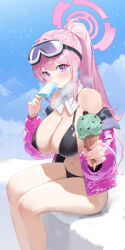  1girl absurdres bare_legs bare_shoulders bikini black_bikini blue_archive blue_sky blush breasts breath cleavage collarbone commentary day eimi_(blue_archive) eimi_(swimsuit)_(blue_archive) fingernails food glacier goggles goggles_on_head hair_between_eyes hair_intakes halo high_ponytail highres ice_cream ice_cream_cone incoming_food jacket knees large_breasts legs long_hair long_sleeves looking_at_viewer mint_chocolate navel num_s1x official_alternate_costume open_clothes open_jacket outdoors padded_jacket pink_eyes pink_hair pink_halo pink_jacket popsicle raised_eyebrows scarf shiny_skin sitting ski_goggles sky snowing solo stomach swimsuit thighs tongue tongue_out white_scarf  rating:Sensitive score:11 user:danbooru
