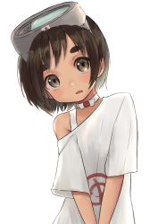 1girl black_hair brown_eyes clothes_pull diving_mask diving_mask_on_head goggles goggles_on_head head_tilt highres kantai_collection kibitarou leaning_to_the_side looking_at_viewer maru-yu_(kancolle) one-piece_swimsuit one-piece_swimsuit_pull own_hands_together parted_bangs school_swimsuit shirt short_hair simple_background solo swimsuit t-shirt upper_body white_background white_one-piece_swimsuit white_school_swimsuit white_shirt rating:Sensitive score:5 user:danbooru