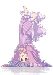 1girl :&lt; barefoot chibi coat dress feet female_focus headstand highres kana_tako long_hair long_sleeves open_mouth patchouli_knowledge purple_eyes purple_hair reflection reflective_floor solo striped_clothes striped_dress tako toes touhou upside-down wide_sleeves