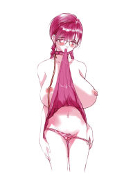 00s 1girl blush braid breasts clothes_lift collar female_pubic_hair food_print glasses highres huge_breasts ichigo_100_percent leash looking_at_viewer monochrome mouth_hold nipple_piercing nipple_rings nipples panties panty_pull piercing pubic_hair q_azieru simple_background skirt skirt_lift solo strawberry_print topless toujou_aya twin_braids underwear white_background rating:Questionable score:50 user:danbooru