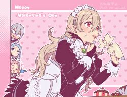 1boy 3girls back_bow black_dress blonde_hair blue_hair bow corrin_(female)_(fire_emblem) corrin_(fire_emblem) cupcake dress felicia_(fire_emblem) fire_emblem fire_emblem_fates flag flora_(fire_emblem) food food_on_face grey_hair hair_between_eyes happy_valentine heart heart_background highres hiyori_(rindou66) holding holding_flag holding_pastry_bag icing jakob_(fire_emblem) juliet_sleeves licking licking_finger long_hair long_sleeves maid maid_headdress multiple_girls nintendo pastry_bag pink_hair pointy_ears puffy_sleeves red_eyes slit_pupils sweatdrop tongue tongue_out white_bow