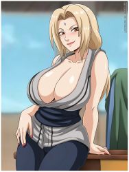  1girl arm_support artist_name blonde_hair blurry blurry_background blush breasts breasts_day brown_hair cleavage closed_mouth collarbone commentary english_commentary facial_mark female_focus forehead_mark huge_breasts japanese_clothes kimono lips long_hair looking_at_viewer mature_female nail_polish naruto_(series) red_nails sano_br sash shiny_skin smile solo standing table tsunade_(naruto)  rating:Sensitive score:239 user:danbooru