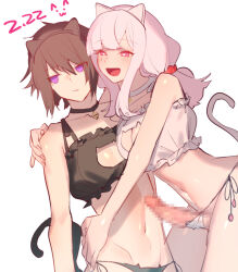 1boy 1futa :d animal_ears bell black_bra black_choker black_panties blush bra breasts bright_pupils brown_hair cat_cutout cat_ear_panties cat_ears cat_lingerie cat_tail censored choker cleavage cleavage_cutout clothing_cutout erection fake_animal_ears fake_tail frilled_bra frills futa_on_male futa_with_male futanari hair_ribbon hand_on_another&#039;s_hip hand_on_another&#039;s_shoulder hug jingle_bell long_hair low_twintails medium_breasts meme_attire mirin_chikuwa mosaic_censoring navel neck_bell open_mouth original panties penis pink_eyes pink_hair purple_eyes red_ribbon ribbon side-tie_panties simple_background smile string_panties tail trap twintails underwear underwear_only white_background white_bra white_choker white_hair white_panties white_pupils 