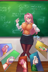1girl baton belt book bouncing_breasts breasts brown_thighhighs chalkboard clenched_teeth controller discreet_vibrator earrings english_text falling green_eyes hair_intakes highres huge_breasts impossible_clothes impossible_shirt jewelry jpeg_artifacts lips long_hair miniskirt multiple_insertions necktie original pencil_skirt pigeon-toed pink_hair remote_control remote_control_vibrator rezukin2 ring sex_toy shirt skirt solo surprised sweater_vest teacher teeth thighhighs vibrator wedding_band wedding_ring wireless_sex_toy_controller rating:Questionable score:96 user:Jollo