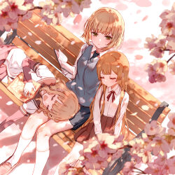 3girls absurdres bench black_necktie black_skirt blonde_hair blue_skirt blue_sweater_vest book bow bowtie brown_eyes brown_footwear brown_hair brown_sailor_collar cherry_blossoms child chips_(food) closed_eyes closed_mouth collared_shirt dress drooling falling_petals food highres holding holding_book holding_snack izumi_sai lap_pillow light_brown_hair loafers lying lying_on_person multiple_girls nanamori_school_uniform necktie official_art on_bench oomuro-ke oomuro_hanako oomuro_nadeshiko oomuro_sakurako open_mouth petals potato_chips red_bow red_bowtie red_dress sailor_collar saliva school_uniform shirt shoes short_hair siblings sitting skirt sleeping sleeping_on_person socks suspender_skirt suspenders sweater_vest wavy_hair white_shirt white_socks yuru_yuri