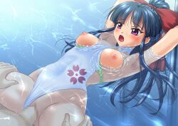 1boy 1girl armpits arms_behind_head blue_hair blush bow breasts censored hair_ribbon hetero highres jiyuuyuu legs long_hair medium_breasts missionary moaning nipples one-piece_swimsuit one-piece_swimsuit_aside open_mouth partially_submerged penis pool purple_eyes pussy red_bow ribbon sakura_taisen sega sex shinguuji_sakura spread_legs swimsuit thighs underwater_sex vaginal watermark wet wide_hips