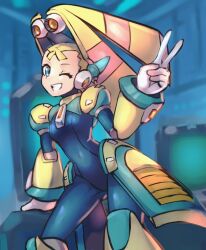  1girl android black_bodysuit blonde_hair blue_eyes blurry blurry_background bodysuit breasts covered_navel detached_hair mega_man_(series) mega_man_x_(series) minster_(dooke) one_eye_closed pallette_(mega_man) robot_ears robot_girl small_breasts solo twintails v 