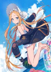  1girl abigail_williams_(fate) abigail_williams_(swimsuit_foreigner)_(fate) abigail_williams_(swimsuit_foreigner)_(third_ascension)_(fate) ass bare_shoulders barefoot bikini black_cat black_jacket blonde_hair blue_eyes blue_sky blush bonnet bow breasts cat fate/grand_order fate_(series) food forehead fruit hair_bow innertube jacket legs long_hair long_sleeves looking_at_viewer miniskirt nagu ocean off_shoulder open_clothes open_jacket open_mouth outdoors parted_bangs sidelocks skirt sky small_breasts swim_ring swimsuit twintails very_long_hair watermelon white_bikini white_bow 